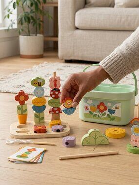 Montessori Wooden Stacking Garden Toy Set Fine Motor Learning Game New
